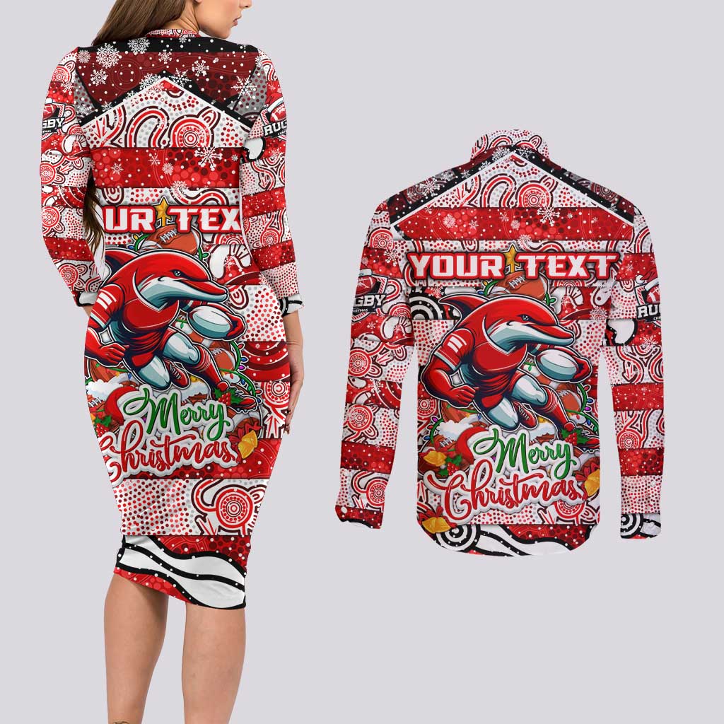 Custom Dolphins Rugby Merry Christmas Couples Matching Long Sleeve Bodycon Dress and Long Sleeve Button Shirt Indigenous Australian Art