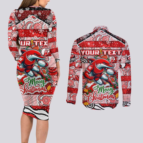 Custom Dolphins Rugby Merry Christmas Couples Matching Long Sleeve Bodycon Dress and Long Sleeve Button Shirt Indigenous Australian Art