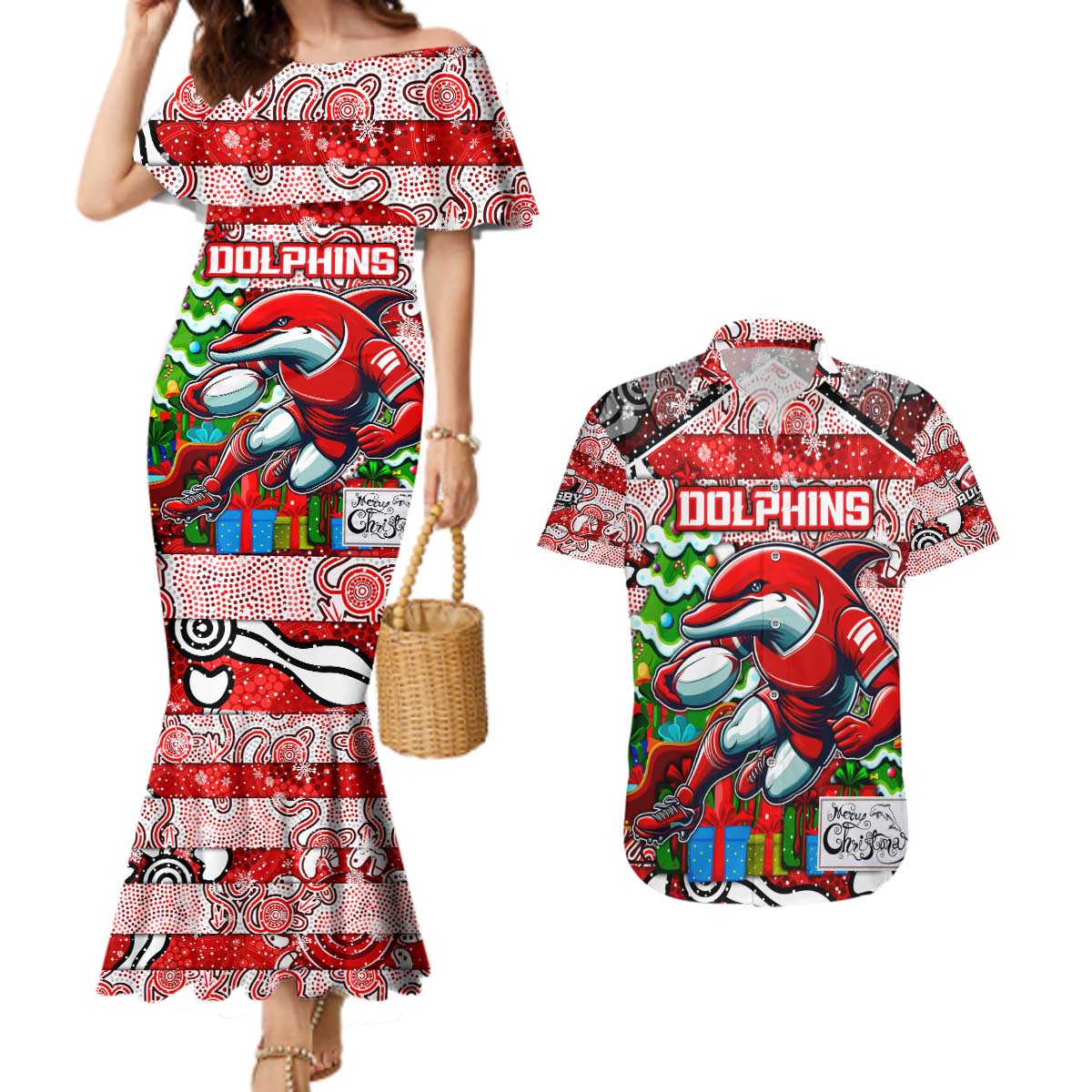 Custom Dolphins Rugby Merry Christmas Couples Matching Mermaid Dress and Hawaiian Shirt Indigenous Australian Art