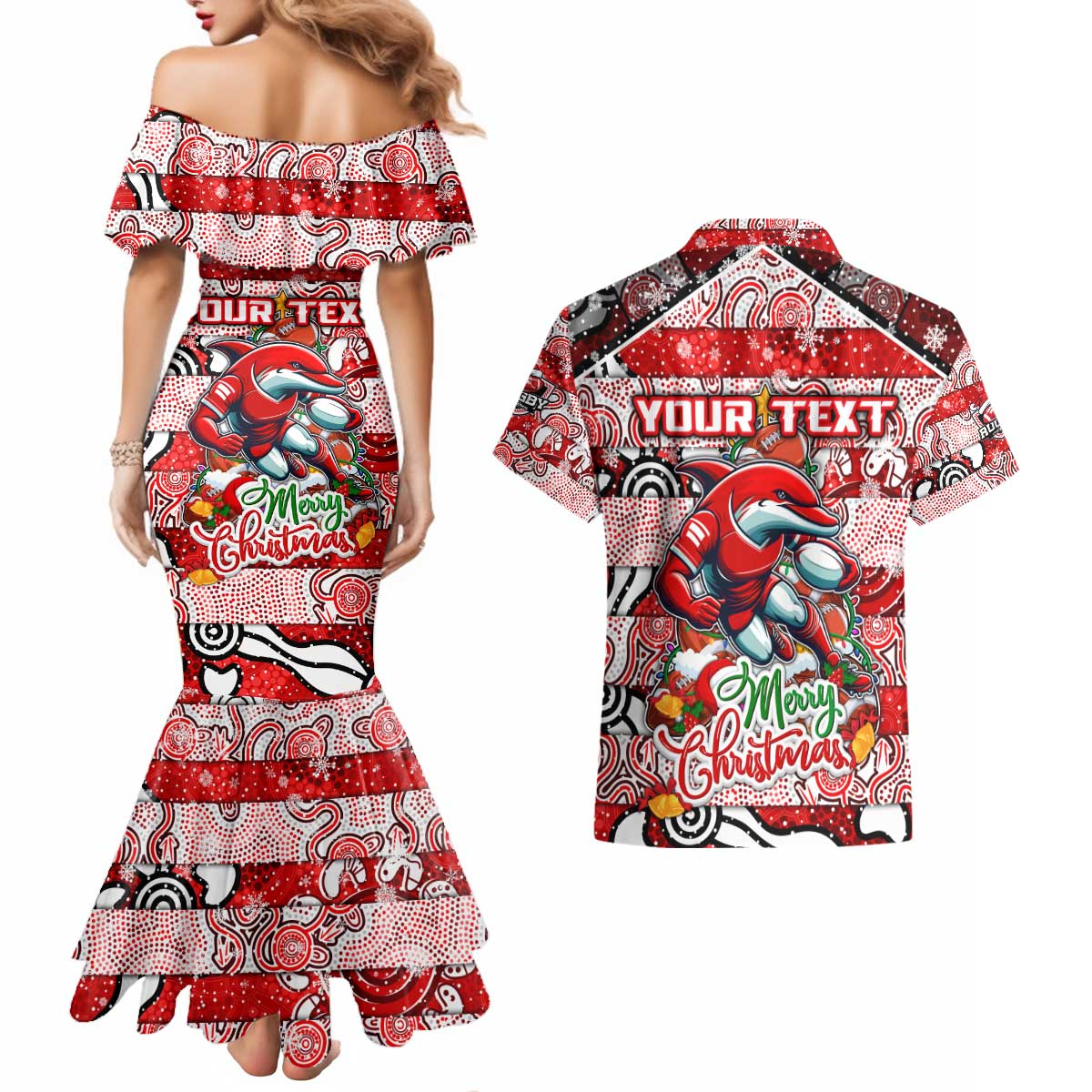 Custom Dolphins Rugby Merry Christmas Couples Matching Mermaid Dress and Hawaiian Shirt Indigenous Australian Art