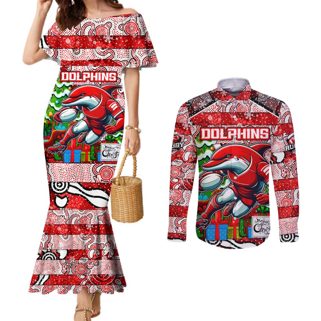 Custom Dolphins Rugby Merry Christmas Couples Matching Mermaid Dress and Long Sleeve Button Shirt Indigenous Australian Art