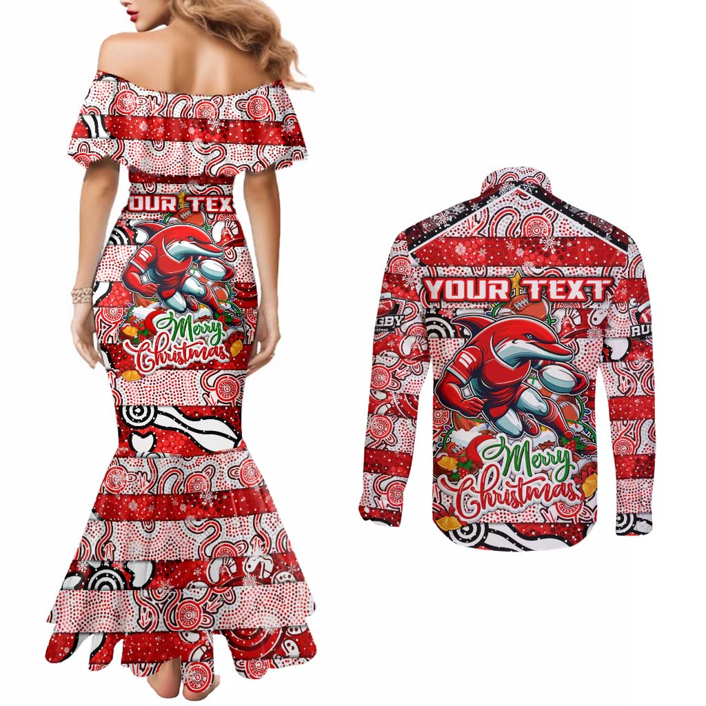 Custom Dolphins Rugby Merry Christmas Couples Matching Mermaid Dress and Long Sleeve Button Shirt Indigenous Australian Art