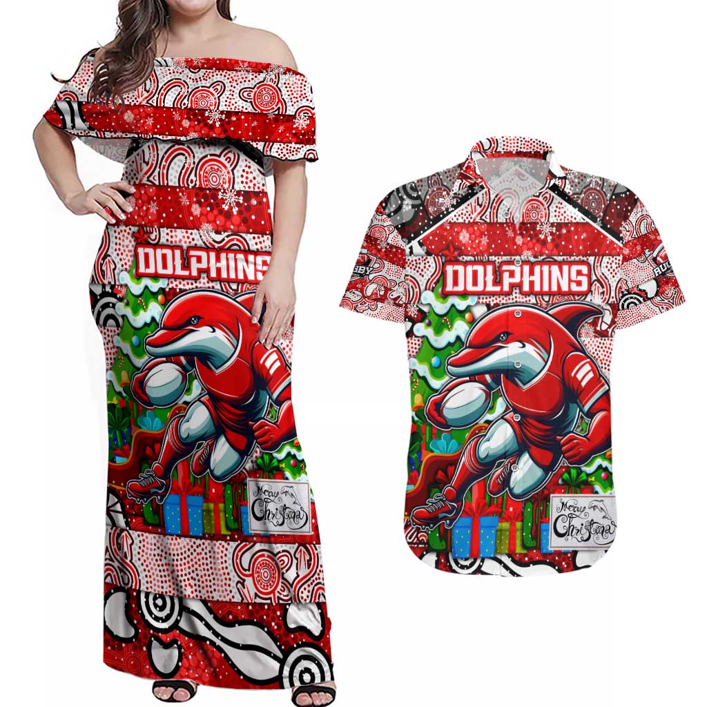 Custom Dolphins Rugby Merry Christmas Couples Matching Off Shoulder Maxi Dress and Hawaiian Shirt Indigenous Australian Art