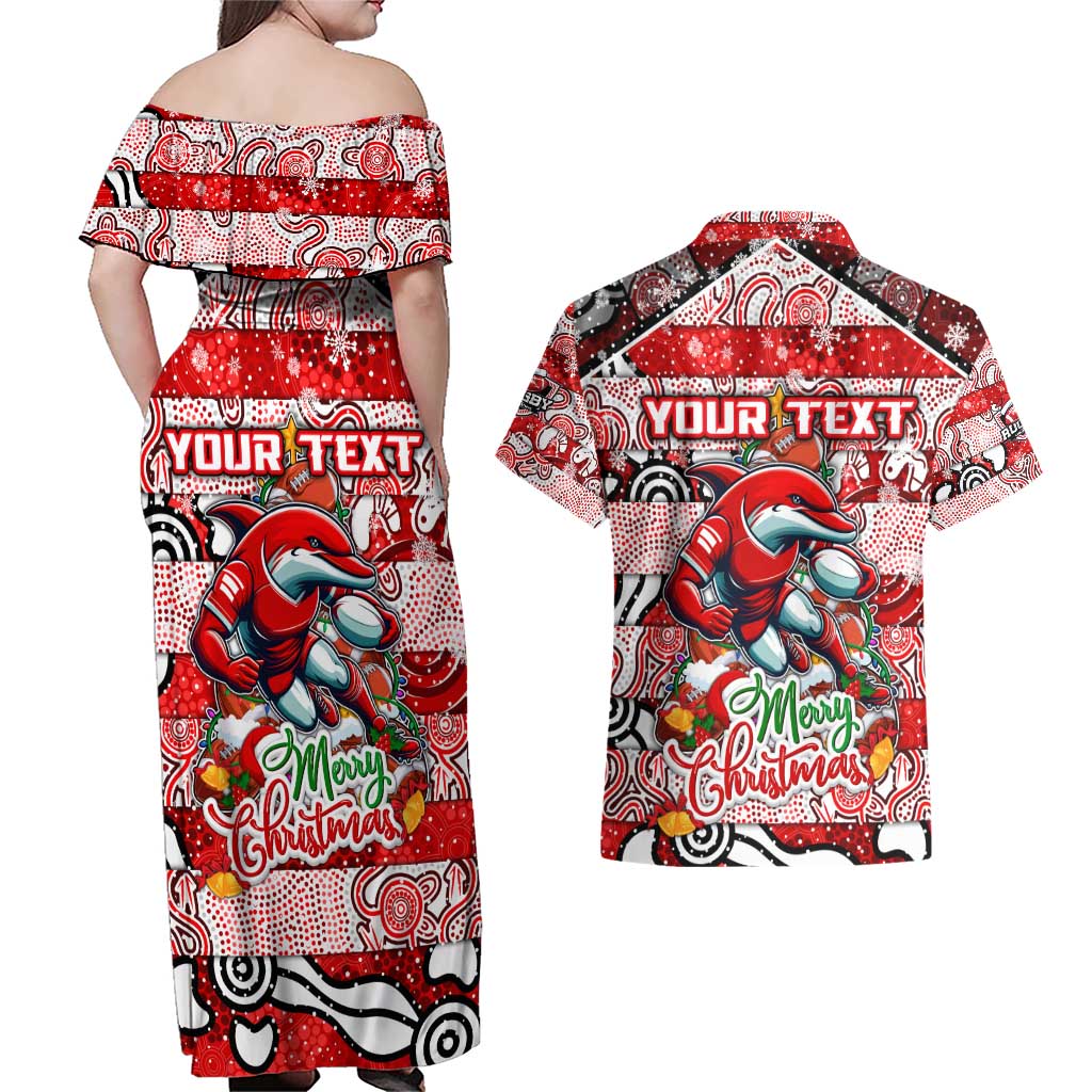Custom Dolphins Rugby Merry Christmas Couples Matching Off Shoulder Maxi Dress and Hawaiian Shirt Indigenous Australian Art