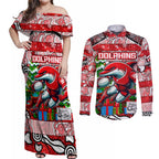 Custom Dolphins Rugby Merry Christmas Couples Matching Off Shoulder Maxi Dress and Long Sleeve Button Shirt Indigenous Australian Art