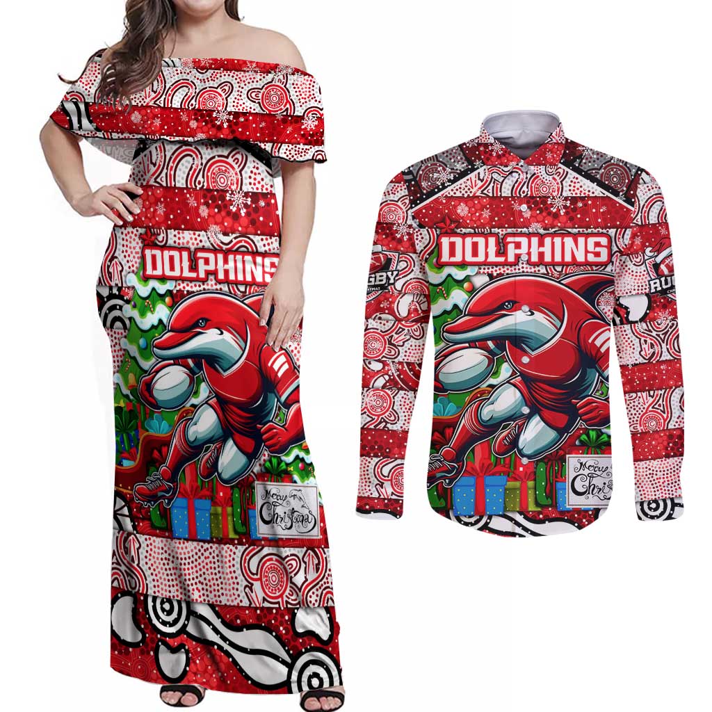 Custom Dolphins Rugby Merry Christmas Couples Matching Off Shoulder Maxi Dress and Long Sleeve Button Shirt Indigenous Australian Art