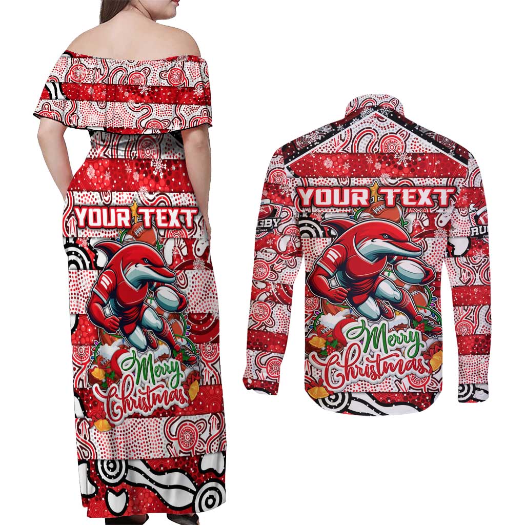 Custom Dolphins Rugby Merry Christmas Couples Matching Off Shoulder Maxi Dress and Long Sleeve Button Shirt Indigenous Australian Art