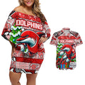 Custom Dolphins Rugby Merry Christmas Couples Matching Off Shoulder Short Dress and Hawaiian Shirt Indigenous Australian Art