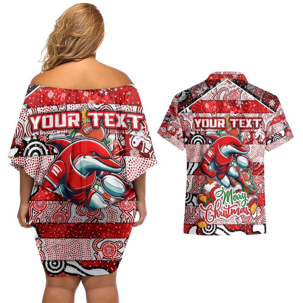 Custom Dolphins Rugby Merry Christmas Couples Matching Off Shoulder Short Dress and Hawaiian Shirt Indigenous Australian Art