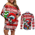 Custom Dolphins Rugby Merry Christmas Couples Matching Off Shoulder Short Dress and Long Sleeve Button Shirt Indigenous Australian Art