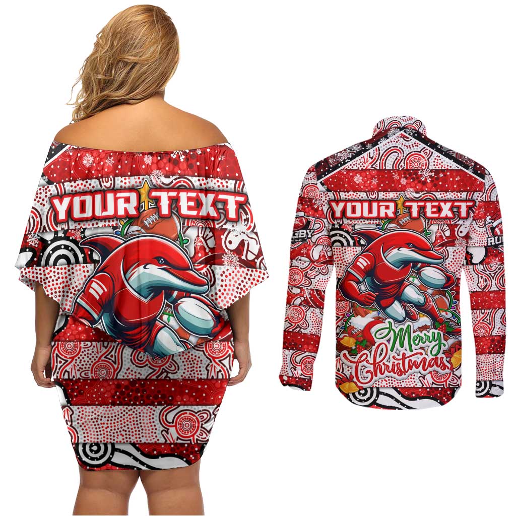 Custom Dolphins Rugby Merry Christmas Couples Matching Off Shoulder Short Dress and Long Sleeve Button Shirt Indigenous Australian Art