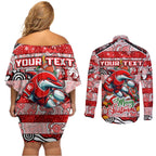Custom Dolphins Rugby Merry Christmas Couples Matching Off Shoulder Short Dress and Long Sleeve Button Shirt Indigenous Australian Art