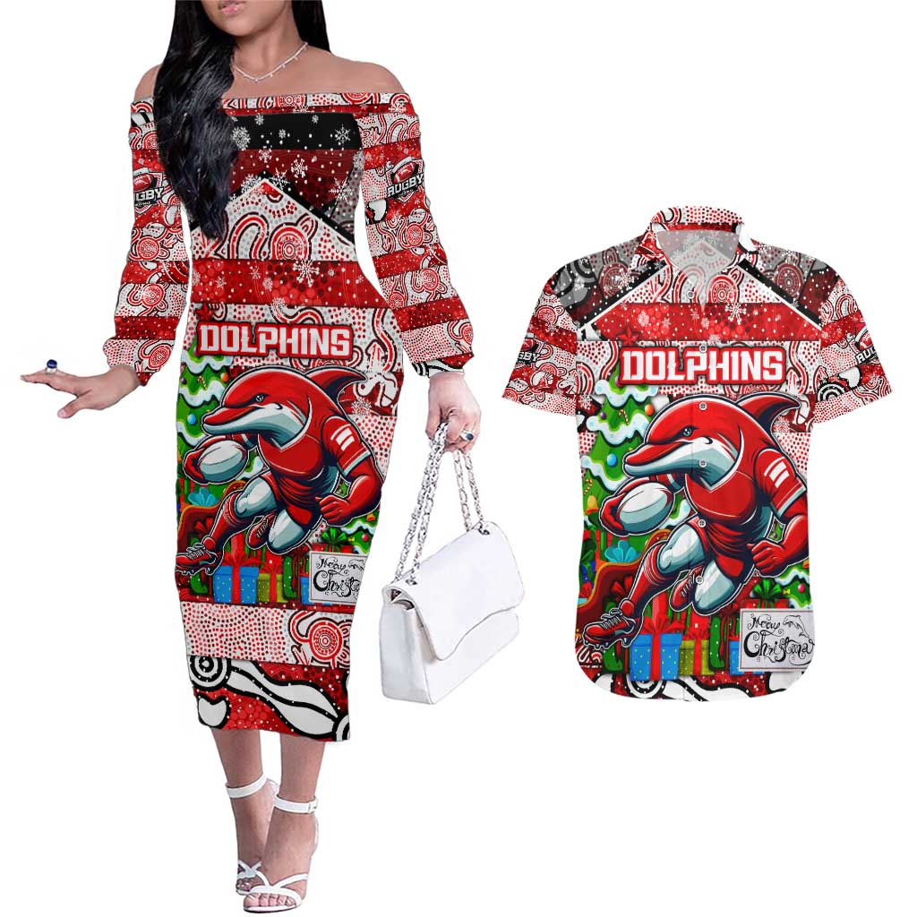 Custom Dolphins Rugby Merry Christmas Couples Matching Off The Shoulder Long Sleeve Dress and Hawaiian Shirt Indigenous Australian Art