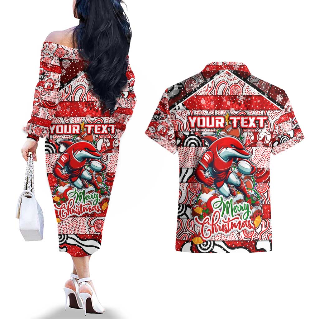 Custom Dolphins Rugby Merry Christmas Couples Matching Off The Shoulder Long Sleeve Dress and Hawaiian Shirt Indigenous Australian Art