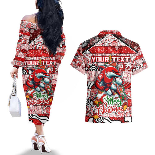 Custom Dolphins Rugby Merry Christmas Couples Matching Off The Shoulder Long Sleeve Dress and Hawaiian Shirt Indigenous Australian Art
