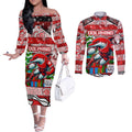 Custom Dolphins Rugby Merry Christmas Couples Matching Off The Shoulder Long Sleeve Dress and Long Sleeve Button Shirt Indigenous Australian Art