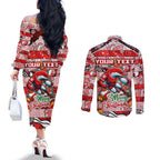 Custom Dolphins Rugby Merry Christmas Couples Matching Off The Shoulder Long Sleeve Dress and Long Sleeve Button Shirt Indigenous Australian Art