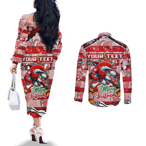 Custom Dolphins Rugby Merry Christmas Couples Matching Off The Shoulder Long Sleeve Dress and Long Sleeve Button Shirt Indigenous Australian Art