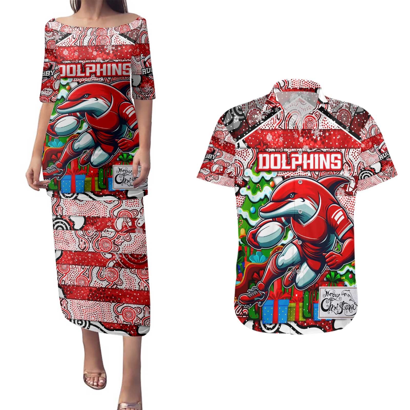 Custom Dolphins Rugby Merry Christmas Couples Matching Puletasi and Hawaiian Shirt Indigenous Australian Art
