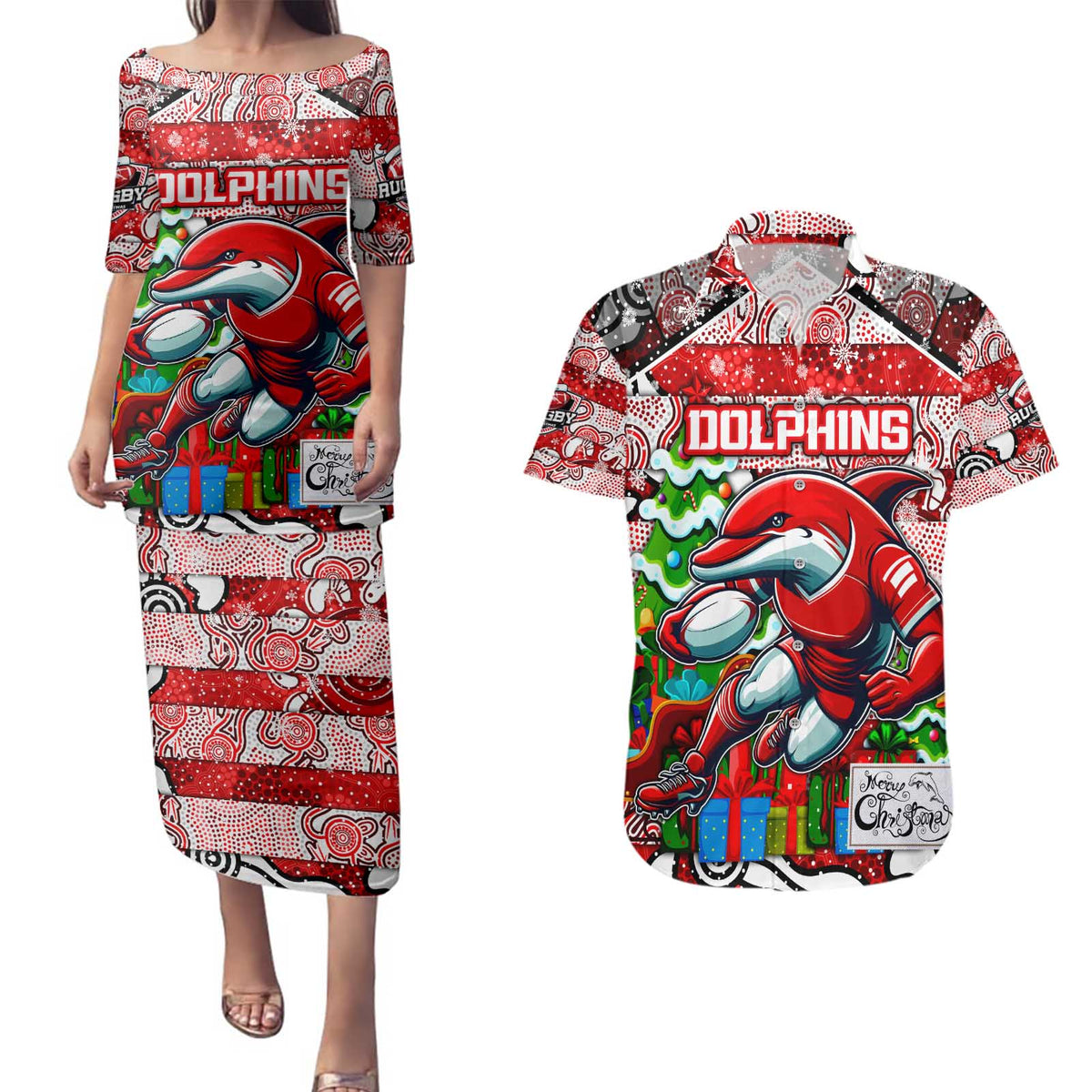 Custom Dolphins Rugby Merry Christmas Couples Matching Puletasi and Hawaiian Shirt Indigenous Australian Art