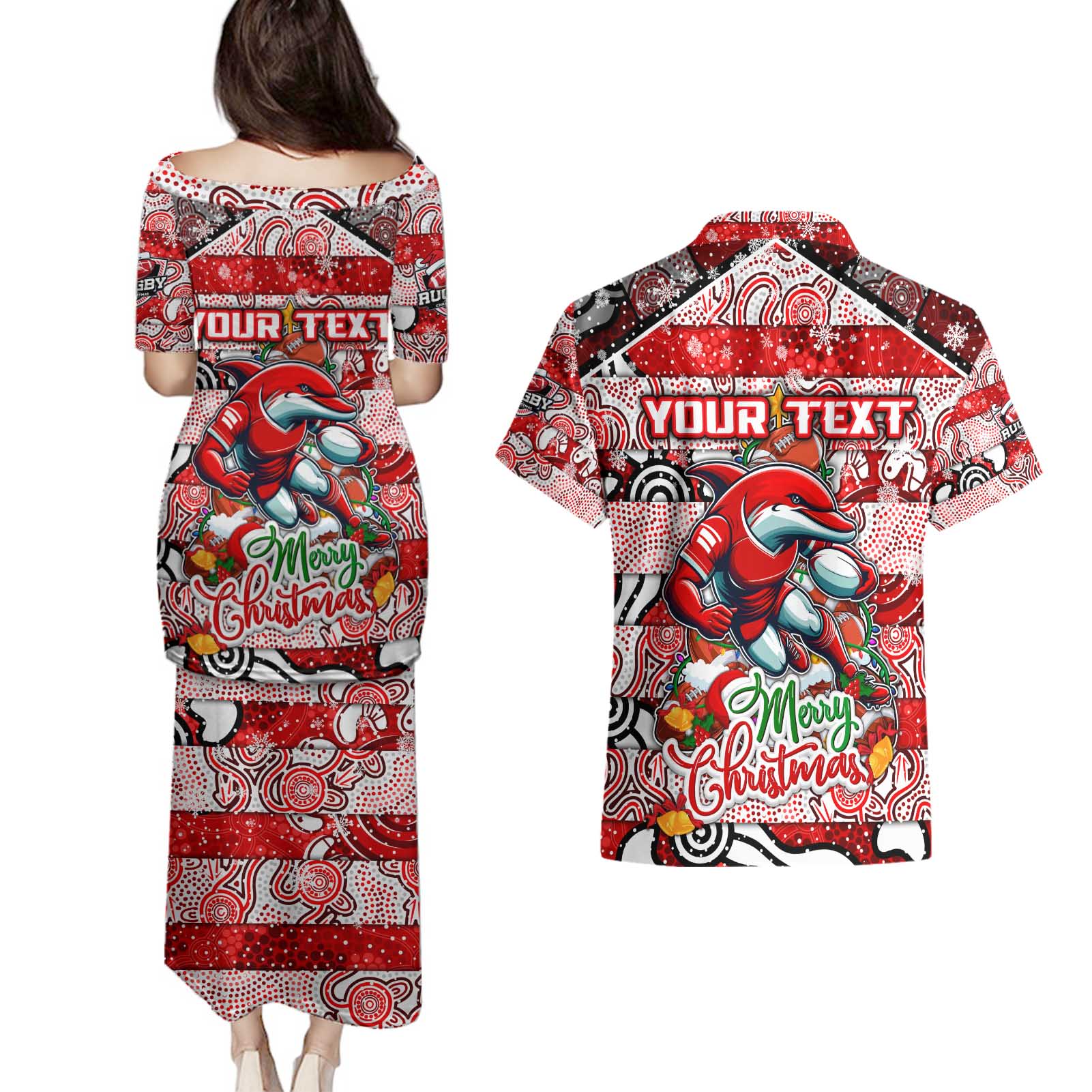 Custom Dolphins Rugby Merry Christmas Couples Matching Puletasi and Hawaiian Shirt Indigenous Australian Art