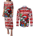 Custom Dolphins Rugby Merry Christmas Couples Matching Puletasi and Long Sleeve Button Shirt Indigenous Australian Art