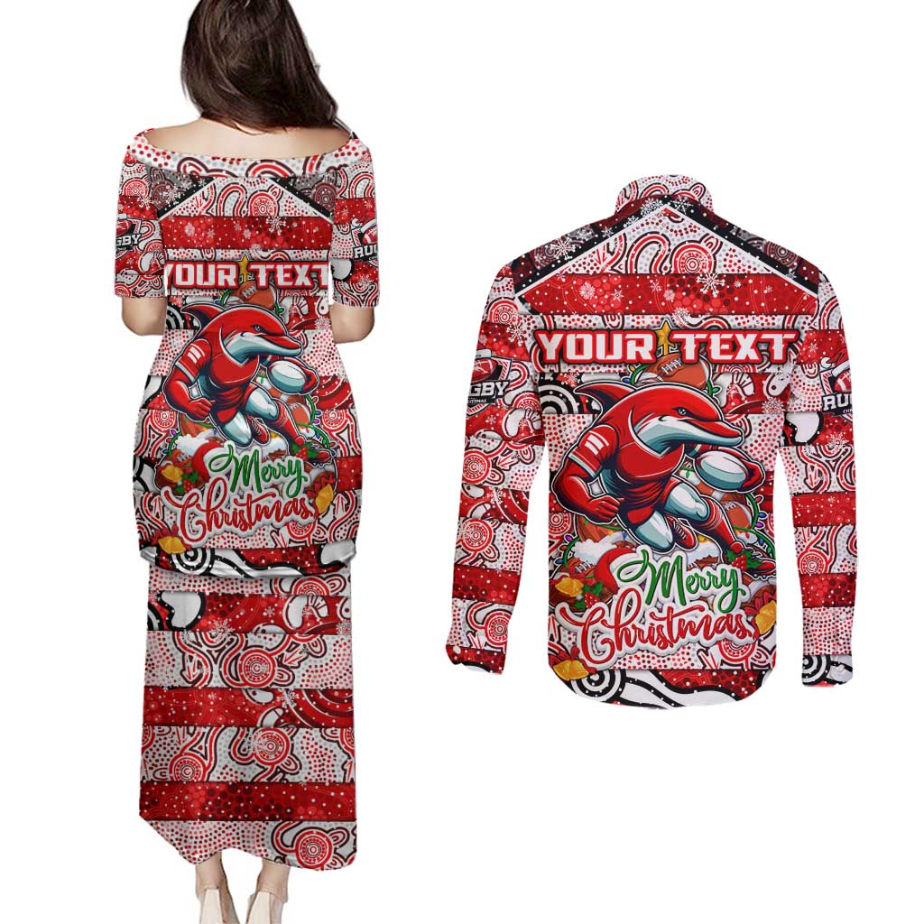 Custom Dolphins Rugby Merry Christmas Couples Matching Puletasi and Long Sleeve Button Shirt Indigenous Australian Art