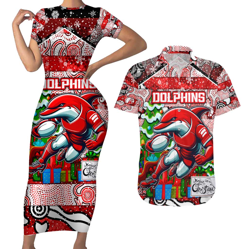 Custom Dolphins Rugby Merry Christmas Couples Matching Short Sleeve Bodycon Dress and Hawaiian Shirt Indigenous Australian Art