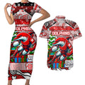 Custom Dolphins Rugby Merry Christmas Couples Matching Short Sleeve Bodycon Dress and Hawaiian Shirt Indigenous Australian Art