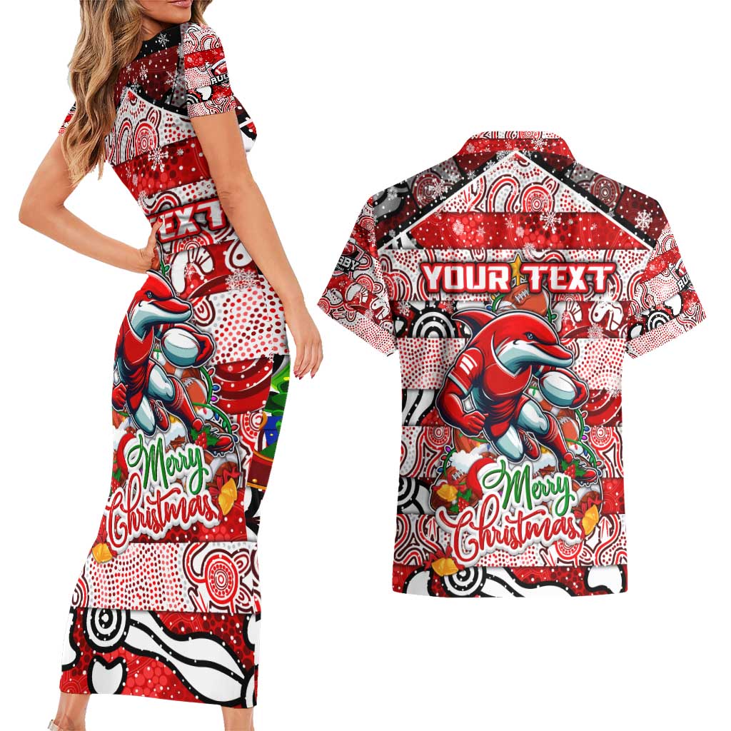 Custom Dolphins Rugby Merry Christmas Couples Matching Short Sleeve Bodycon Dress and Hawaiian Shirt Indigenous Australian Art