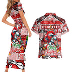 Custom Dolphins Rugby Merry Christmas Couples Matching Short Sleeve Bodycon Dress and Hawaiian Shirt Indigenous Australian Art