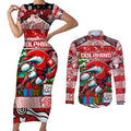Custom Dolphins Rugby Merry Christmas Couples Matching Short Sleeve Bodycon Dress and Long Sleeve Button Shirt Indigenous Australian Art