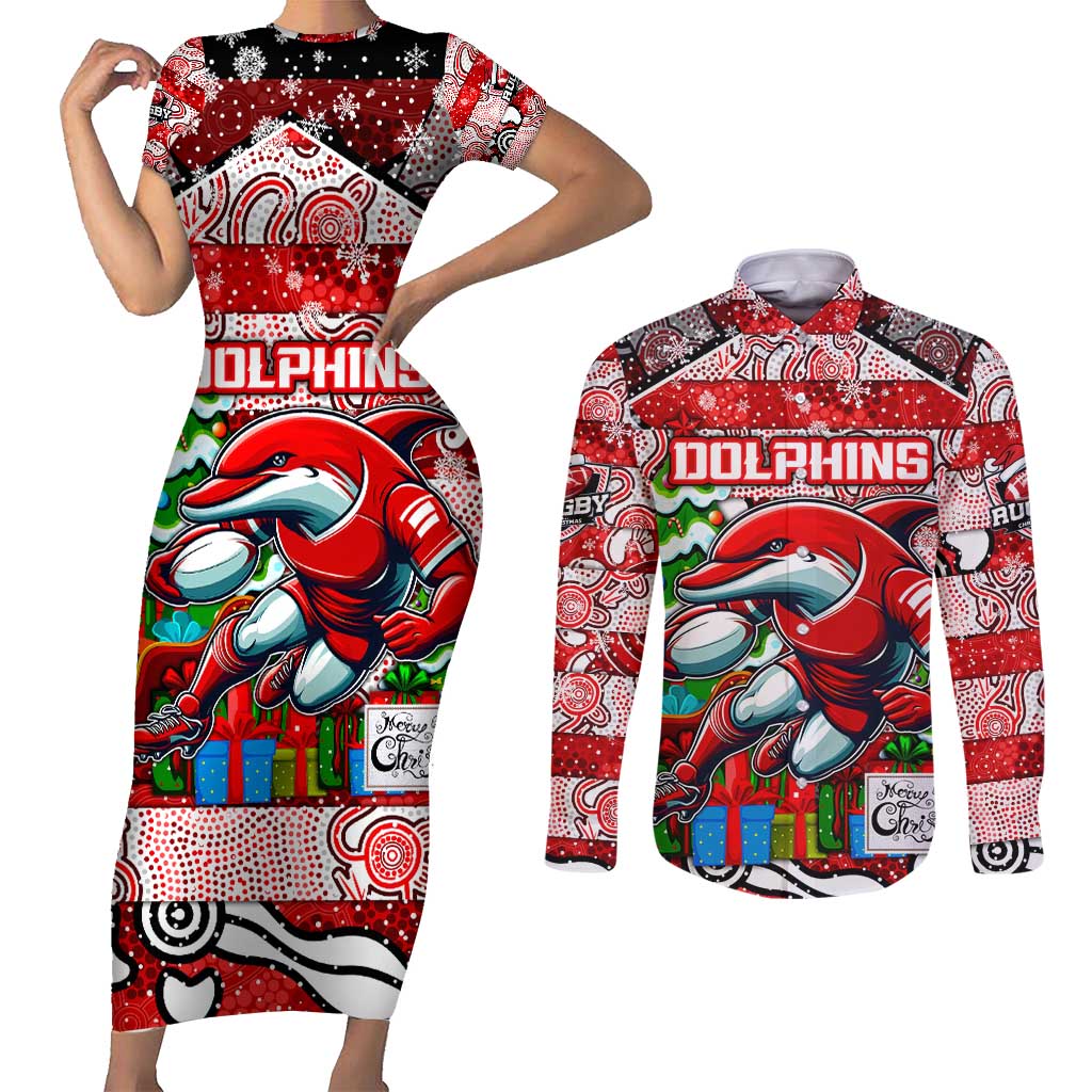 Custom Dolphins Rugby Merry Christmas Couples Matching Short Sleeve Bodycon Dress and Long Sleeve Button Shirt Indigenous Australian Art