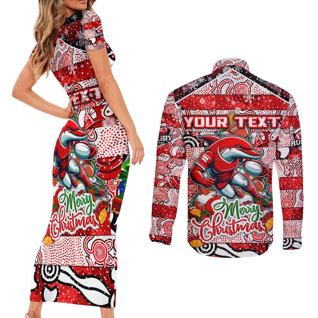 Custom Dolphins Rugby Merry Christmas Couples Matching Short Sleeve Bodycon Dress and Long Sleeve Button Shirt Indigenous Australian Art