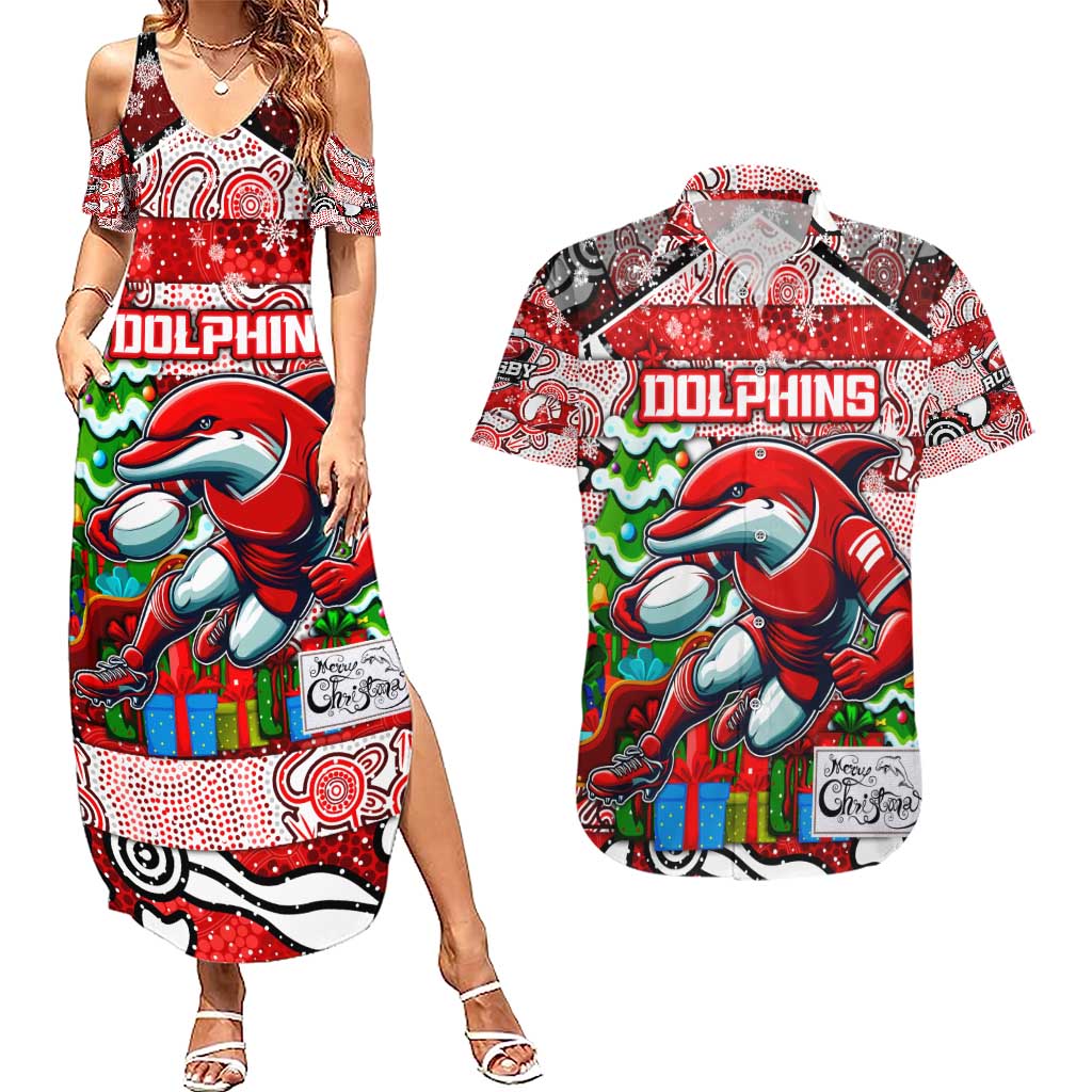 Custom Dolphins Rugby Merry Christmas Couples Matching Summer Maxi Dress and Hawaiian Shirt Indigenous Australian Art