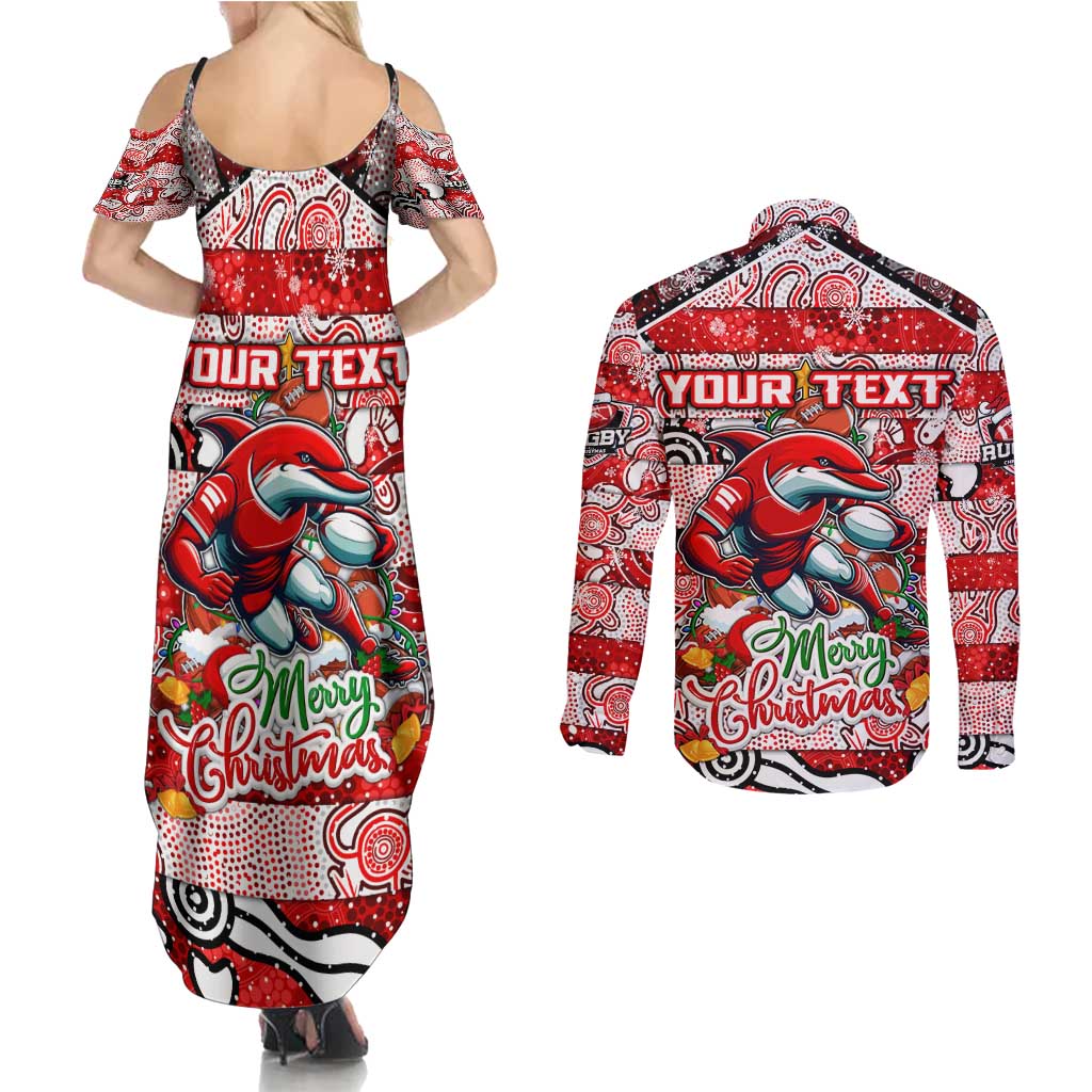 Custom Dolphins Rugby Merry Christmas Couples Matching Summer Maxi Dress and Long Sleeve Button Shirt Indigenous Australian Art