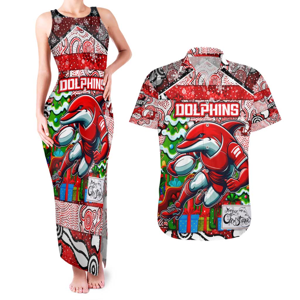 Custom Dolphins Rugby Merry Christmas Couples Matching Tank Maxi Dress and Hawaiian Shirt Indigenous Australian Art