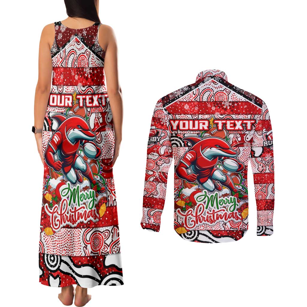 Custom Dolphins Rugby Merry Christmas Couples Matching Tank Maxi Dress and Long Sleeve Button Shirt Indigenous Australian Art