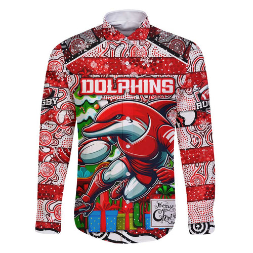 Custom Dolphins Rugby Merry Christmas Family Matching Long Sleeve Bodycon Dress and Hawaiian Shirt Indigenous Australian Art
