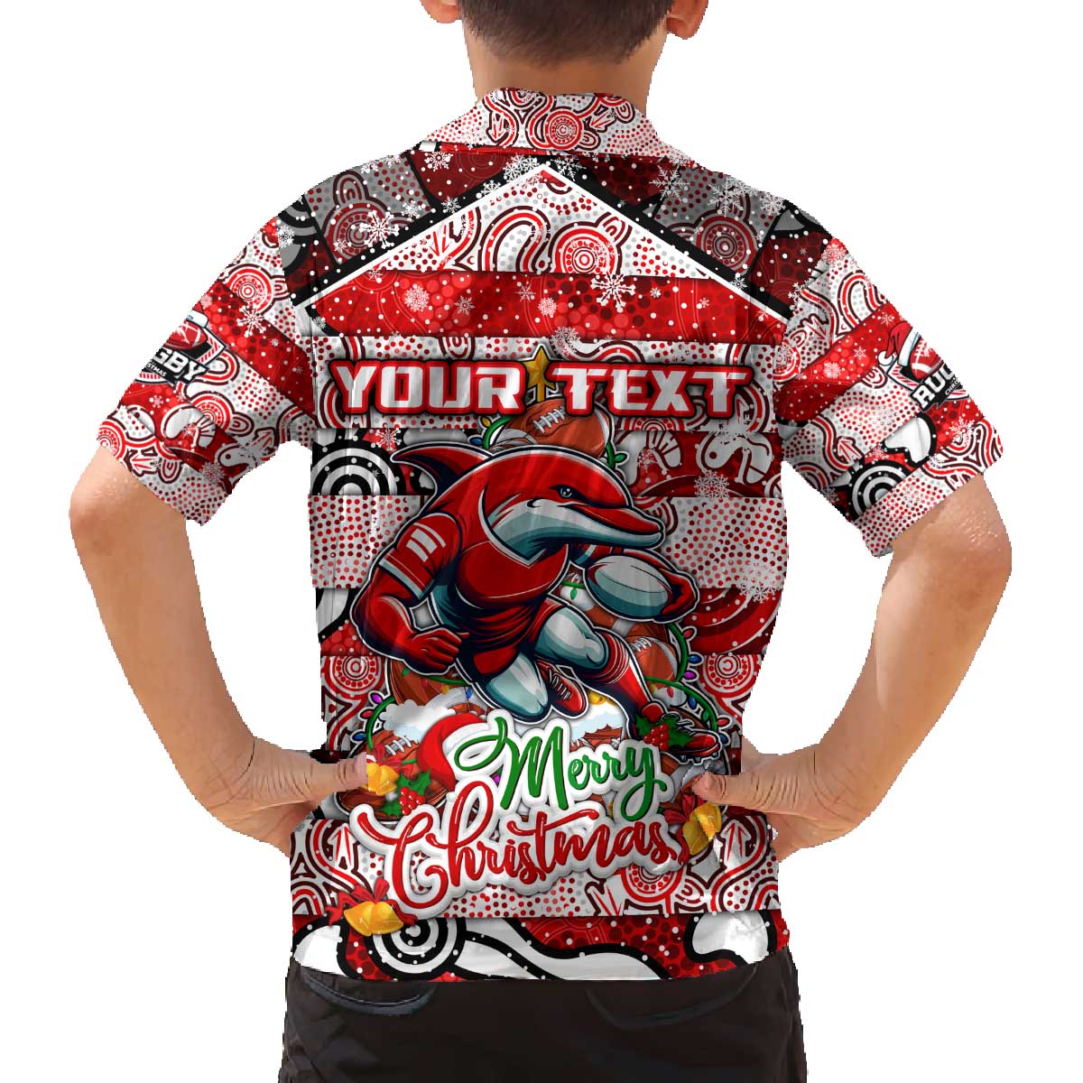 Custom Dolphins Rugby Merry Christmas Family Matching Off The Shoulder Long Sleeve Dress and Hawaiian Shirt Indigenous Australian Art