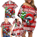 Custom Dolphins Rugby Merry Christmas Family Matching Off Shoulder Short Dress and Hawaiian Shirt Indigenous Australian Art