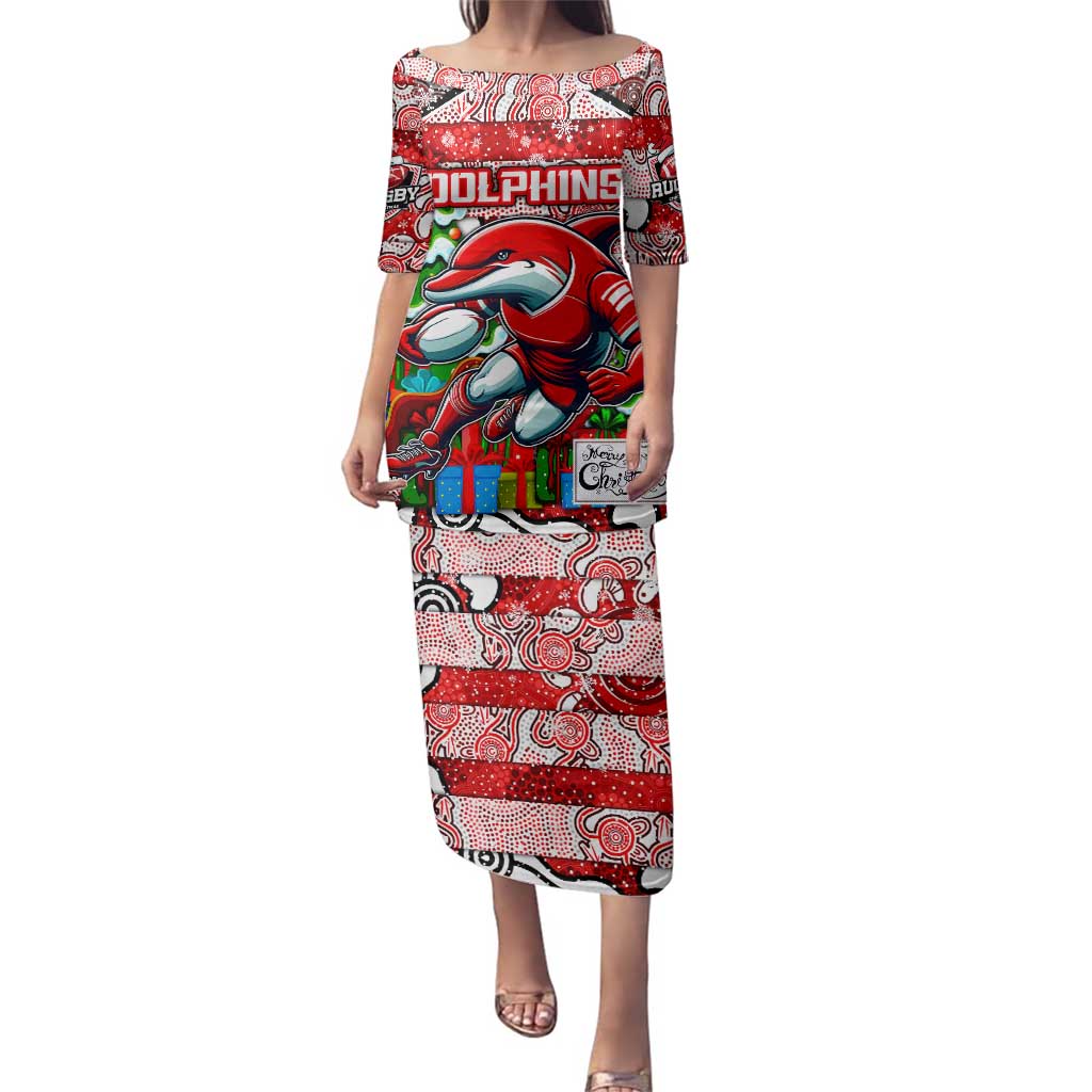Custom Dolphins Rugby Merry Christmas Family Matching Puletasi and Hawaiian Shirt Indigenous Australian Art