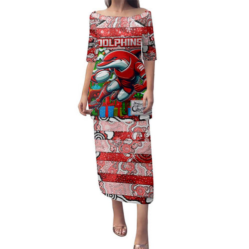Custom Dolphins Rugby Merry Christmas Family Matching Puletasi and Hawaiian Shirt Indigenous Australian Art