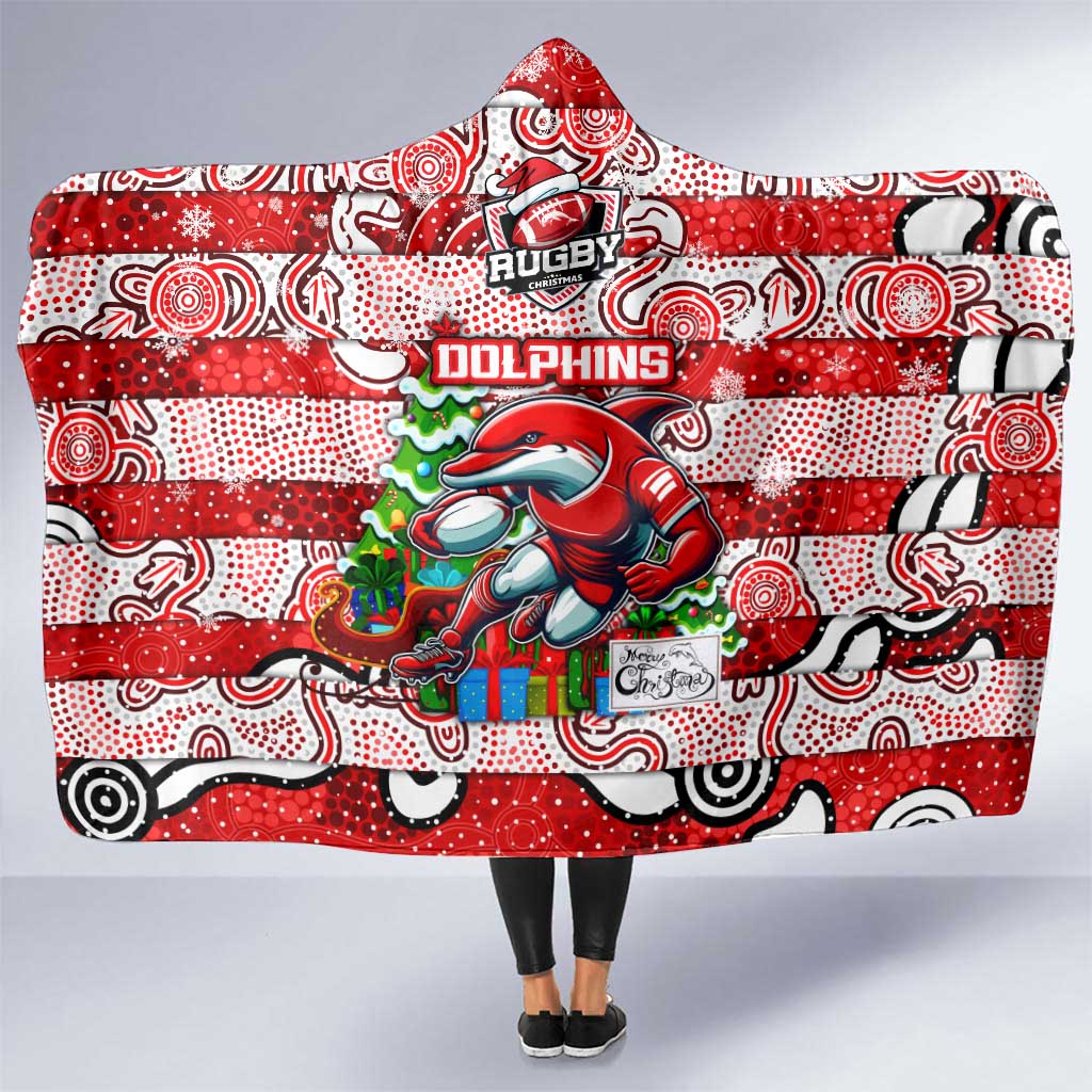 Dolphins Rugby Merry Christmas Hooded Blanket Indigenous Australian Art