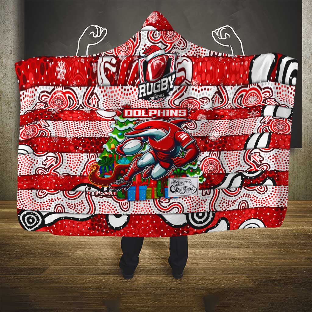 Dolphins Rugby Merry Christmas Hooded Blanket Indigenous Australian Art