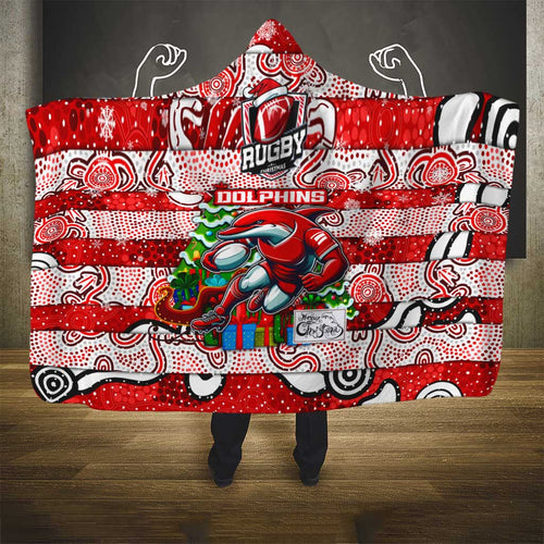 Dolphins Rugby Merry Christmas Hooded Blanket Indigenous Australian Art