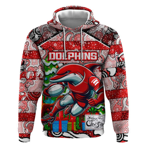 Custom Dolphins Rugby Merry Christmas Hoodie Indigenous Australian Art