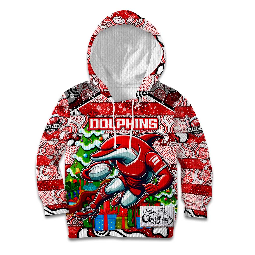 Custom Dolphins Rugby Merry Christmas Kid Hoodie Indigenous Australian Art