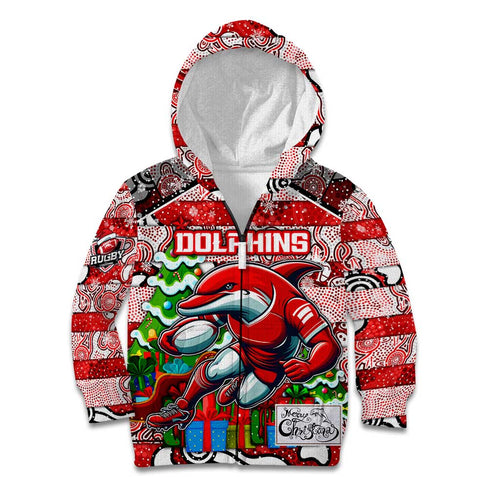 Custom Dolphins Rugby Merry Christmas Kid Hoodie Indigenous Australian Art