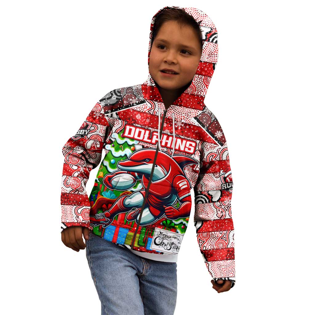 Custom Dolphins Rugby Merry Christmas Kid Hoodie Indigenous Australian Art